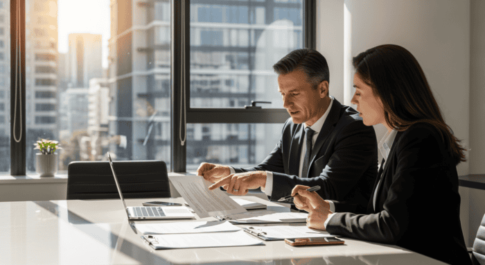 Two professionals in business suits discussing documents and using a laptop during a meeting in a bright, modern office with city views, highlighting AI Dial's innovative communication solutions.