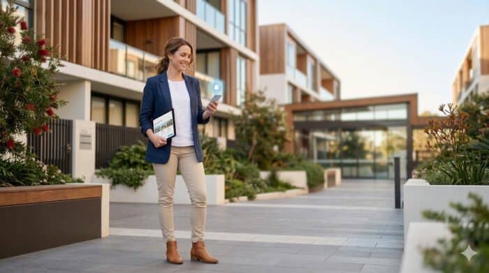 Businesswoman standing outdoors in a contemporary residential area, holding a tablet and smartphone, representing digital communication and smart technology solutions.