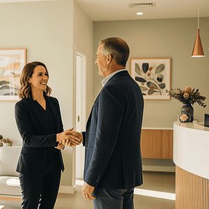 A woman and a man shake hands in a bright, modern office with large windows, contemporary decor, and indoor plants, representing professional collaboration and business success.