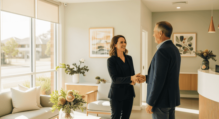 A woman and a man shake hands in a bright, modern office with large windows, contemporary decor, and indoor plants, representing professional collaboration and business success.