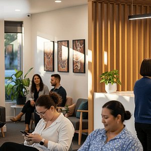 Modern radiology clinic reception with staff assisting patients, showcasing a professional healthcare environment with a welcoming atmosphere.