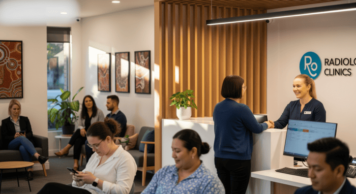 Modern radiology clinic reception with staff assisting patients, showcasing a professional healthcare environment with a welcoming atmosphere.