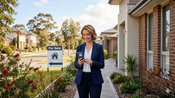 Woman in business attire standing outside a modern house, using her mobile phone, with a "For Sale" sign in the background, representing real estate and property management.