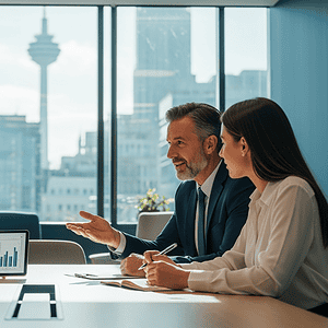 A professional business team engaged in a discussion during a meeting in a contemporary office with city skyline views, showcasing collaboration and strategic planning.