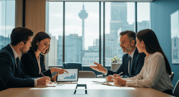 A professional business team engaged in a discussion during a meeting in a contemporary office with city skyline views, showcasing collaboration and strategic planning.
