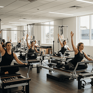Group of women practicing mindfulness Pilates on reformer machines in a bright, modern fitness studio for health and wellness.