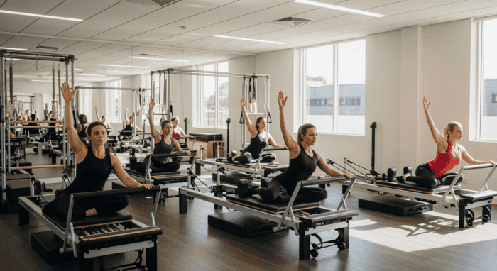Group of women practicing mindfulness Pilates on reformer machines in a bright, modern fitness studio for health and wellness.
