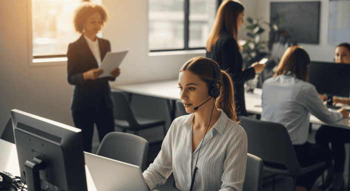 Customer support team using headsets at computers in a bright, modern office, representing AiDial's professional call center services for businesses.
