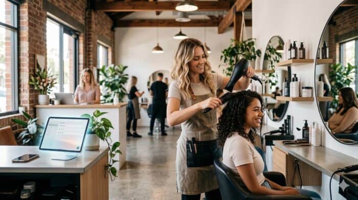 A professional hair stylist styling a client's curly hair in a contemporary salon with natural light and modern decor.
