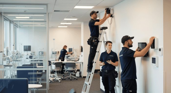 Technicians installing security cameras and alarm systems in a modern office environment for enhanced safety and surveillance.