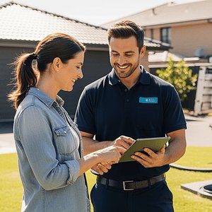 Friendly AI Dial technician providing outdoor support to a customer, demonstrating professional service in a residential area with service vans in the background.