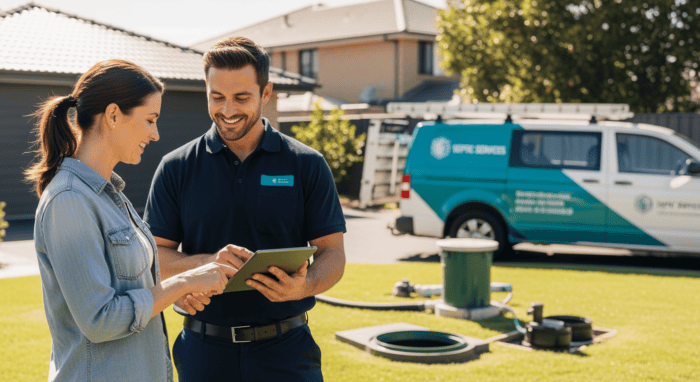 Friendly AiDial technician providing outdoor support to a customer, demonstrating professional service in a residential area with service vans in the background.