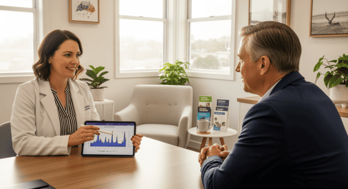 Businesswoman discussing data insights with a client in an office, showcasing AI-powered communication solutions and data analytics for improved business performance.