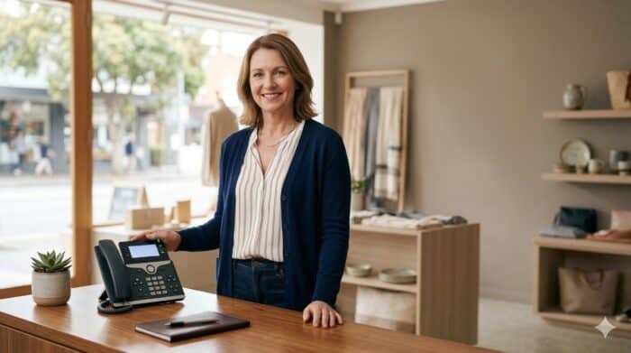 A professional woman standing behind a retail store counter, smiling, with a phone and sales materials, representing customer service and business communication.