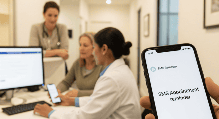 Professional customer support team in an office setting, with a focus on AI-powered communication solutions and appointment reminders for enhanced client engagement.