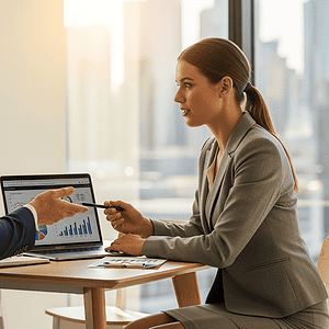 Two professionals in business attire having a discussion during a meeting in a bright, modern office with large windows and cityscape view.