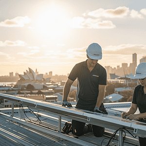 Two technicians installing solar panels on a rooftop with Sydney city skyline in the background, promoting renewable energy solutions and sustainable technology in Australia.