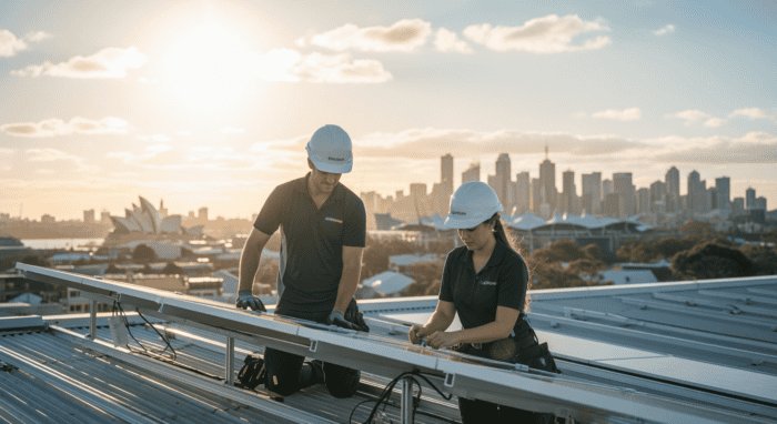 Two technicians installing solar panels on a rooftop with Sydney city skyline in the background, promoting renewable energy solutions and sustainable technology in Australia.