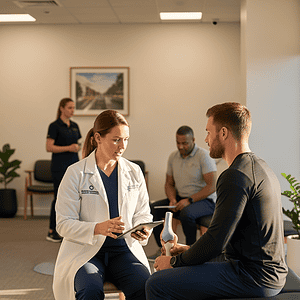 A healthcare professional consulting with a patient in a modern clinic reception area, emphasizing AI-powered healthcare solutions and patient support services.
