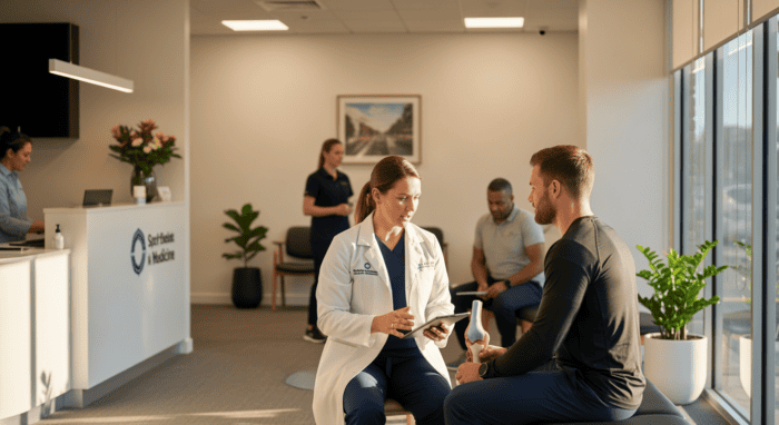 A healthcare professional consulting with a patient in a modern clinic reception area, emphasizing AI-powered healthcare solutions and patient support services.