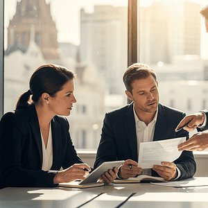 Professional business meeting with three colleagues discussing documents in a modern office with city views, highlighting corporate communication and teamwork.