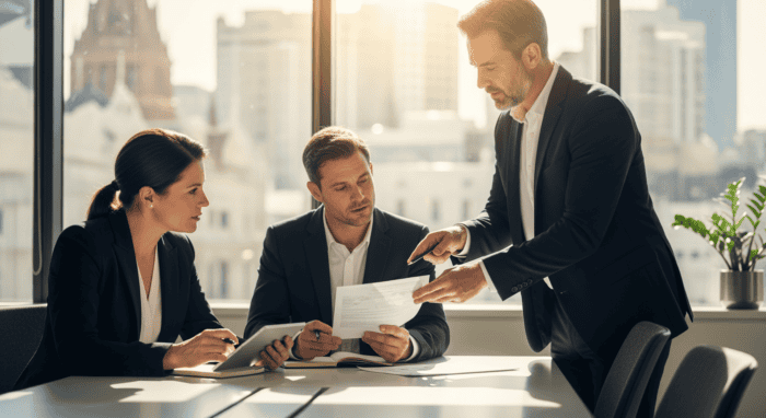 Professional business meeting with three colleagues discussing documents in a modern office with city views, highlighting corporate communication and teamwork.