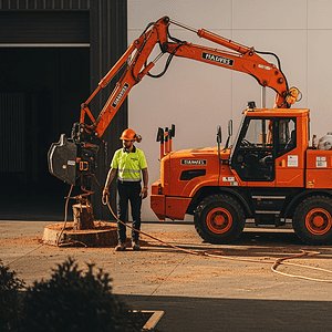 A construction team operating heavy equipment outside AiDial building, showcasing industrial activity and safety measures.