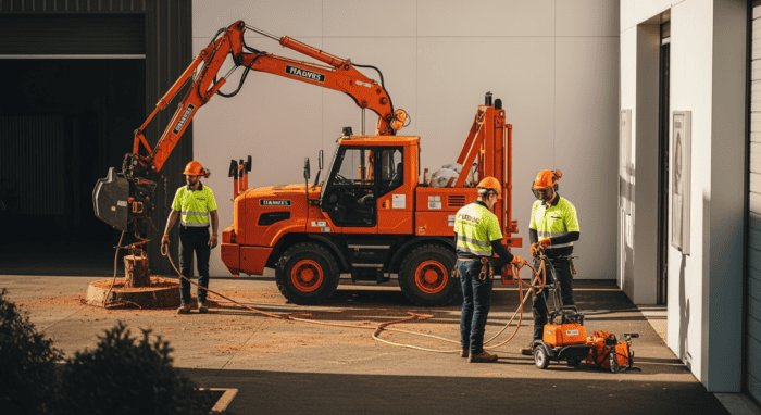 A construction team operating heavy equipment outside AiDial building, showcasing industrial activity and safety measures.