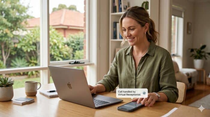 Woman using a laptop and smartphone for virtual receptionist services, showcasing AI-powered call handling and customer support solutions for businesses.