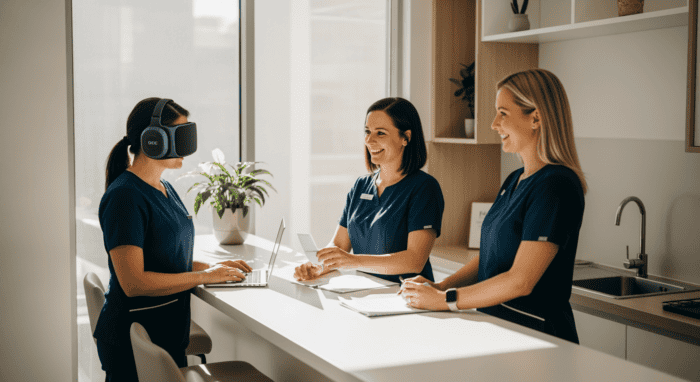 Female customer support team using virtual reality headset and laptops in a bright, modern office to enhance communication and customer service efficiency.