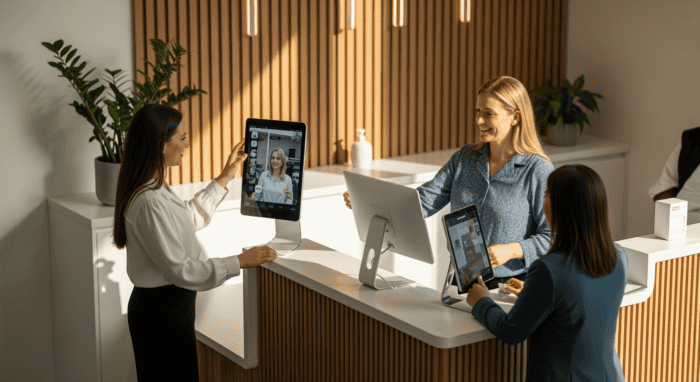 Friendly customer service team using computers and tablets at AiDial office for efficient communication and support.