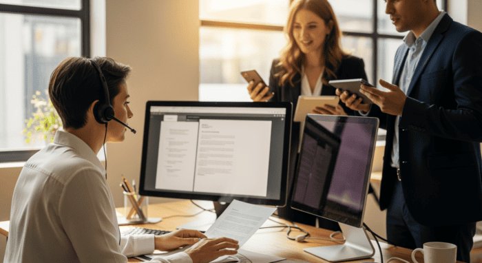 Customer support team using headsets and computers in a modern office to provide AI-driven customer service solutions, highlighting professional communication and technology.