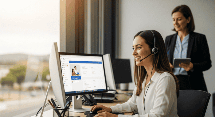 Customer support agent with headset working at a computer in an office, providing assistance for AI-powered communication solutions.
