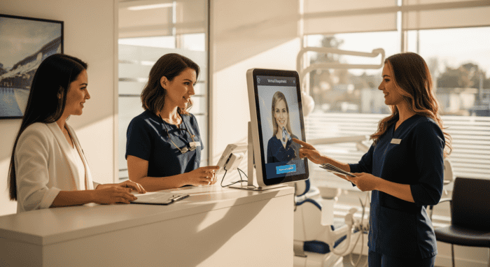 Three women engaging in a customer service interaction with an AI-powered digital assistant at a modern reception desk, showcasing AI technology in customer support.