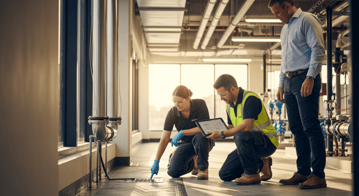 Industrial maintenance team inspecting equipment in a factory, focusing on safety and technical expertise, with team members using tablets and wearing safety gear.