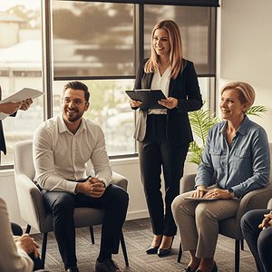 Group of diverse professionals participating in a team meeting in a modern office, discussing strategies and collaborating on AI-powered communication solutions.