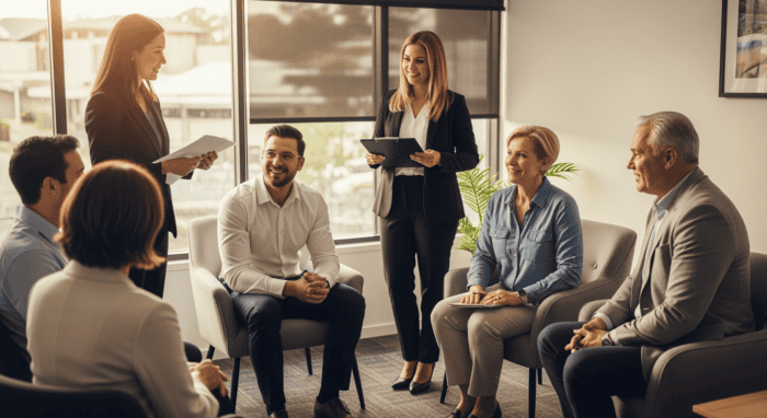 Group of diverse professionals participating in a team meeting in a modern office, discussing strategies and collaborating on AI-powered communication solutions.