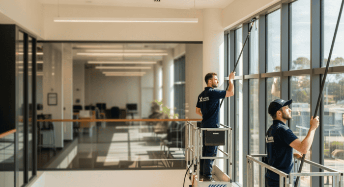 High-angle view of two window cleaners in uniform cleaning large glass windows in a bright, contemporary office space.