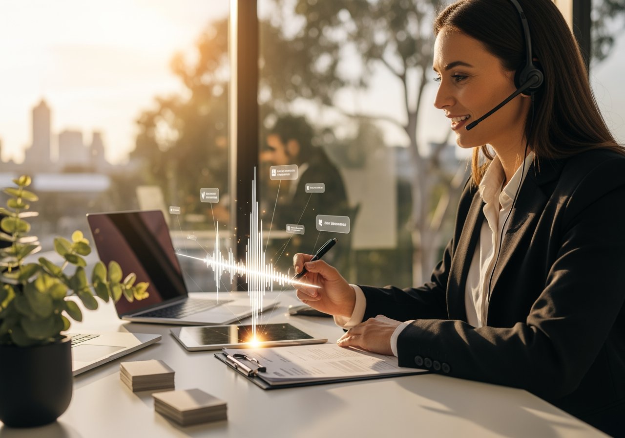 An image of a professional customer support agent wearing a headset, working on a laptop in a modern office, representing AI-powered customer service solutions.