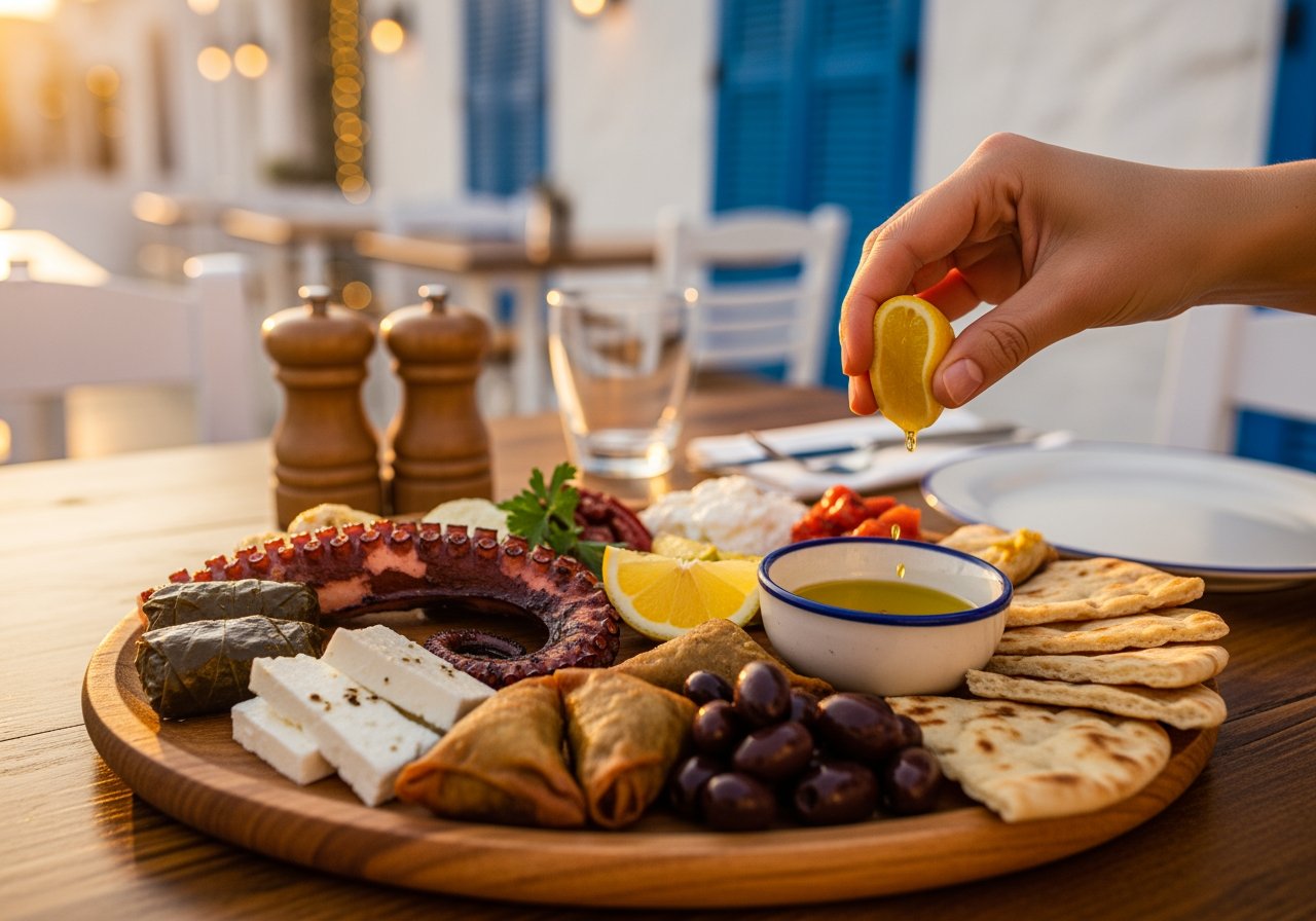 A hand squeezing lemon over a Mediterranean mezze platter featuring octopus, feta cheese, olives, pita bread, and dipping sauces, served on a wooden table.