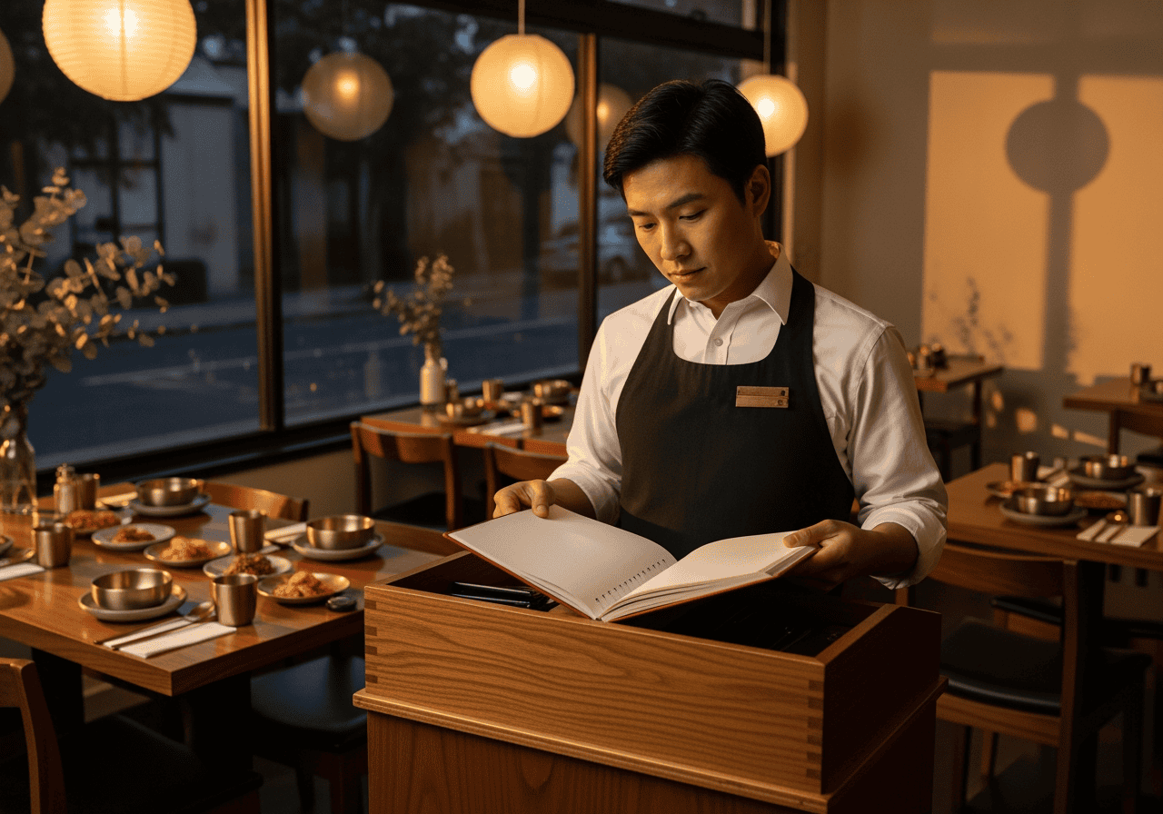 A restaurant waiter in uniform reviewing a menu at a stylish, warmly lit restaurant with neatly set tables and ambient lighting, showcasing hospitality and service excellence.