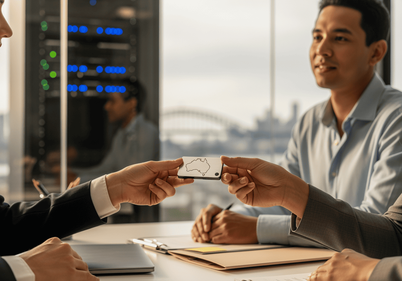 Business professionals exchanging Australia map card during a corporate meeting in modern office setting.