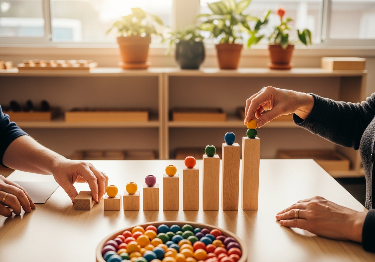 Two people arranging coloured balls on wooden blocks representing business growth and success, with a focus on strategic planning and development.