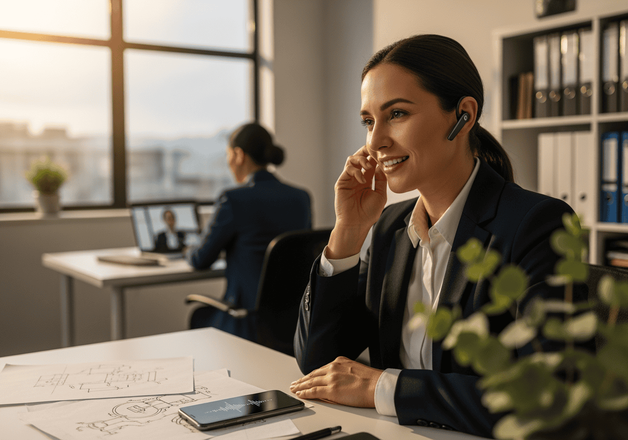 Professional woman using a headset for customer service in a modern office, showcasing AI-powered call center solutions for improved communication and client engagement.