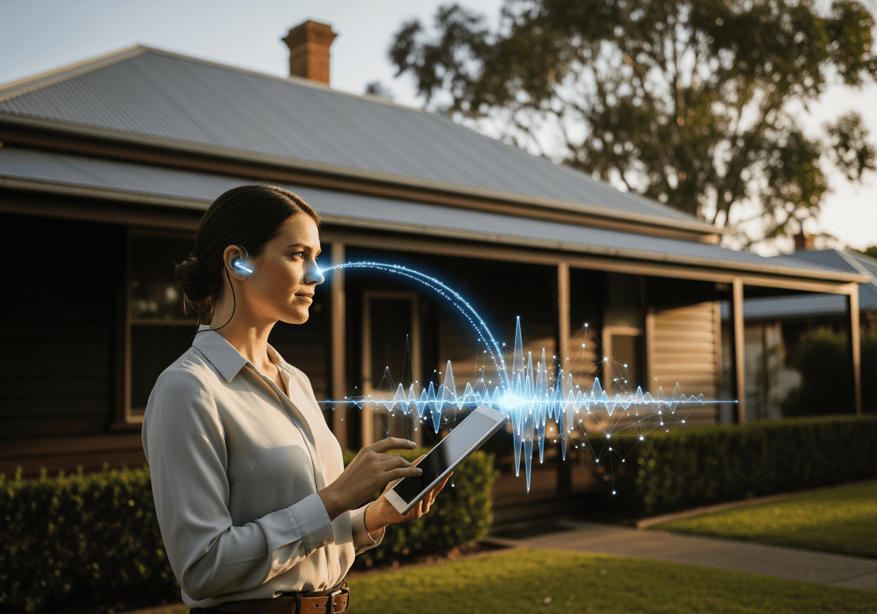 Woman using a tablet with voice wave graphics outside a house, showcasing AiDial smart home voice assistant technology for seamless home automation and communication.