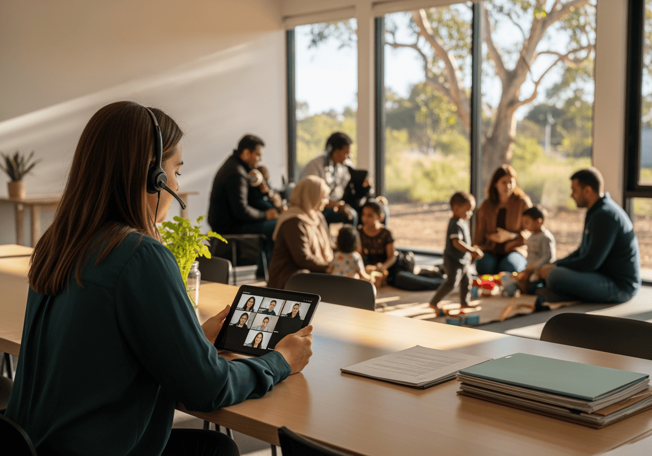 Woman with headset using tablet during virtual meeting with support staff and children in a bright, modern room with large windows and natural light.