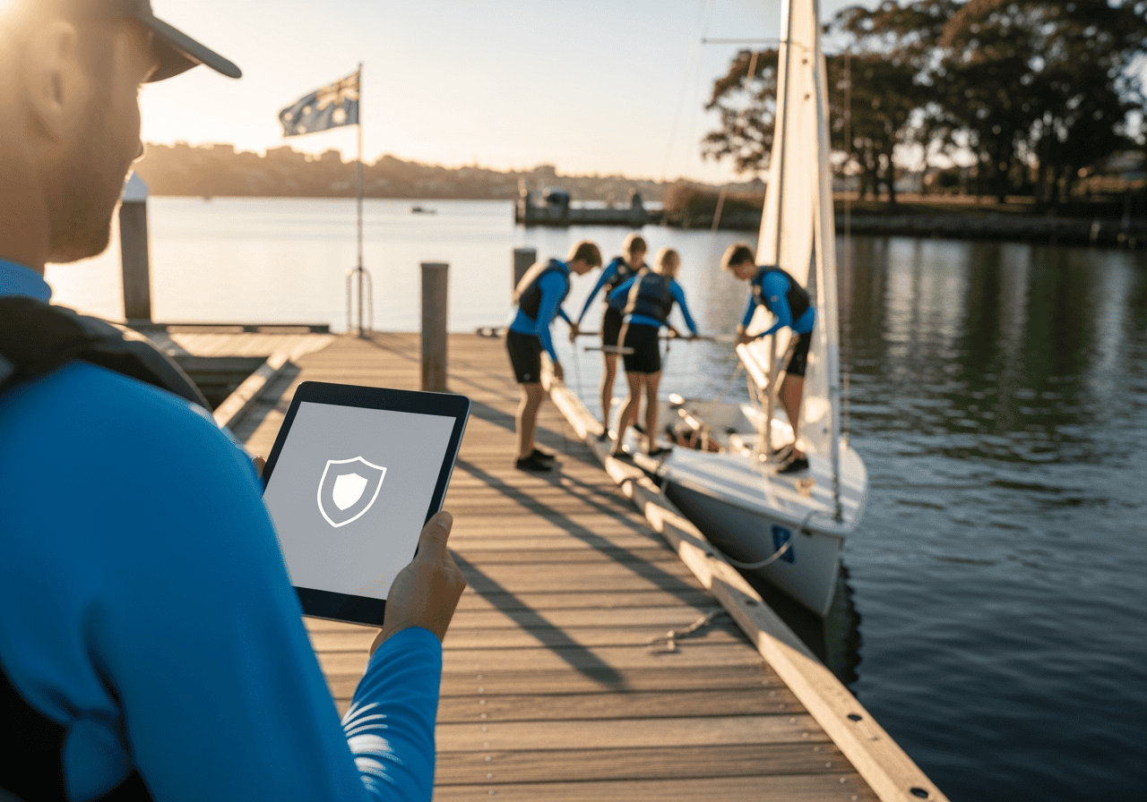 Person holding a tablet displaying a security shield icon while overseeing a marina with people preparing a sailboat, emphasizing digital security solutions for waterfront facilities.