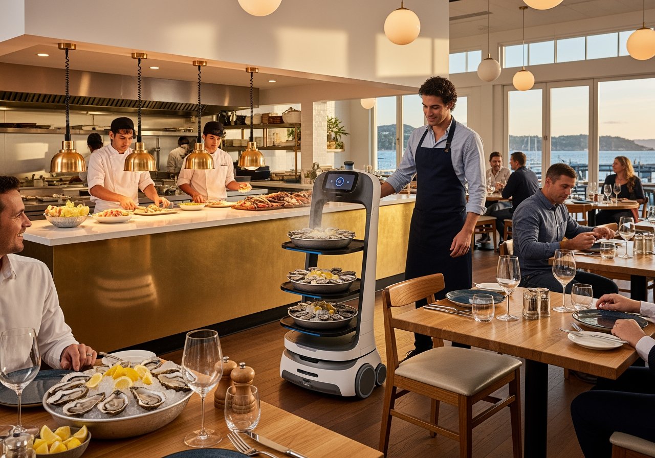 AI-powered restaurant service robot delivering food to diners in a modern dining setting.