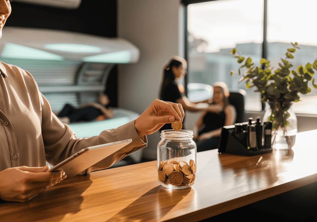 A person placing coins into a jar at a modern office reception area with colleagues in the background, showcasing professional customer service and business operations.