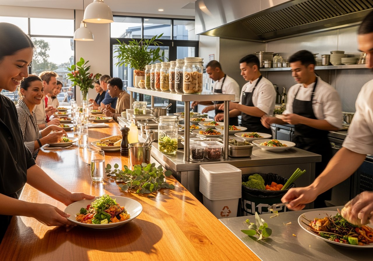 Modern restaurant with chefs preparing diverse meals, customers enjoying food, and a welcoming dining atmosphere.